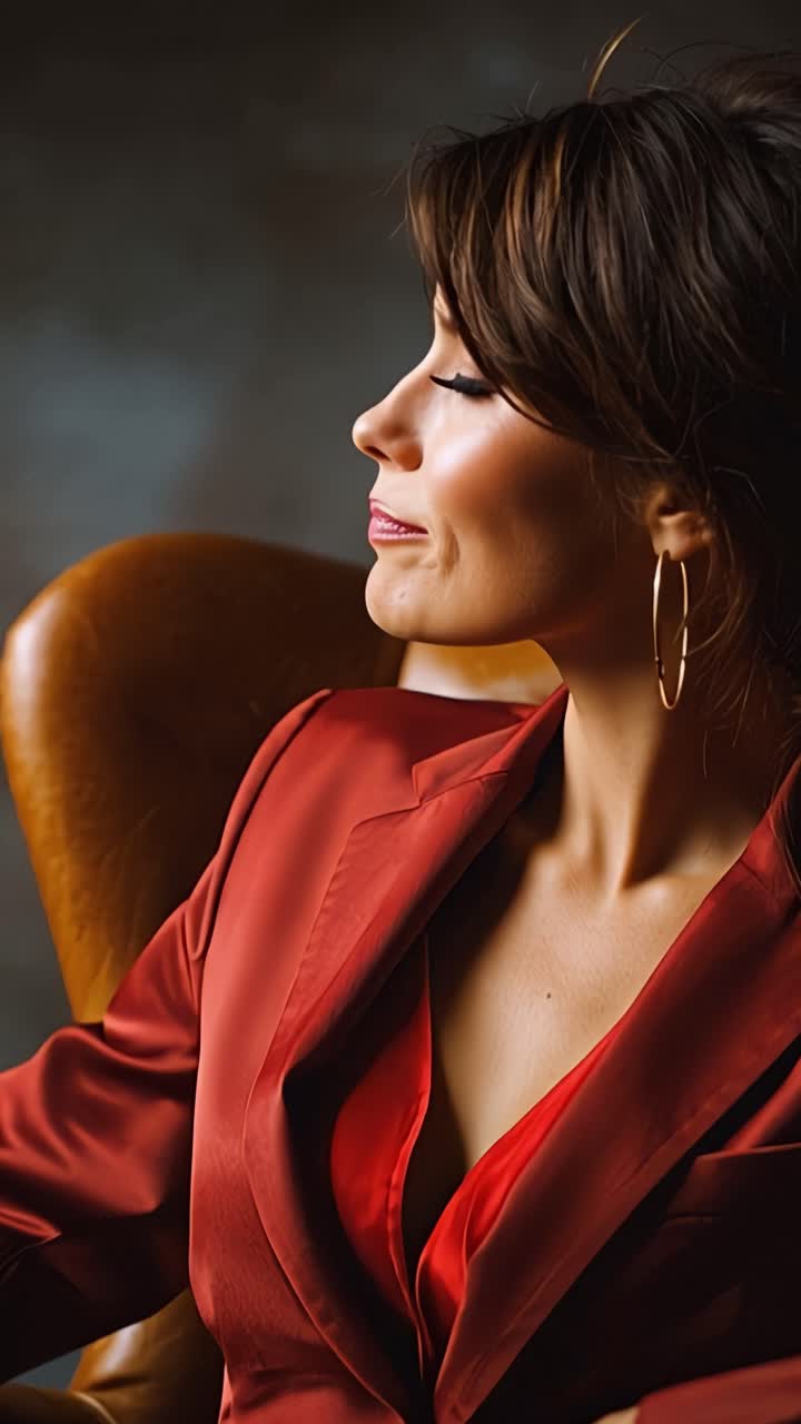 Um Retrato Cativante de uma Mulher com um Blazer Vermelho Pousada Elegantemente em uma Cadeira de Couro, Capturando Sua Postura e Elegância em uma Exibição Artística Atemporal.