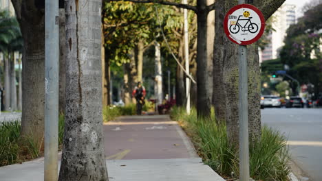 bikers riding in the bike lane in the center of a busy street of a big city