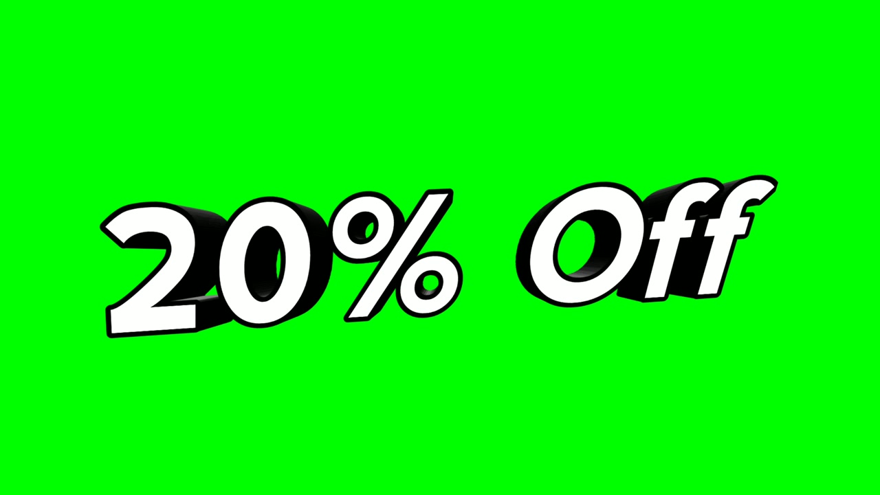 Animazione promozionale popup in stile piatto con cartone animato, testo rotante al 20% di sconto, sfondo green screen 4K