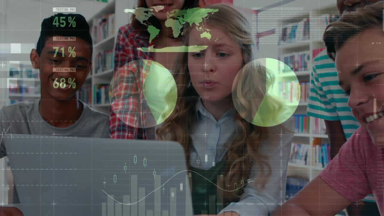 animación del procesamiento de datos financieros estudiantes diversos con maestra en el aula