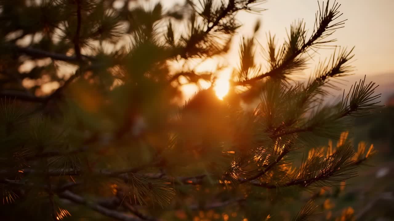 Shifting sun behind needles, pine branch catching golden backlight at forest edge, creating bokeh