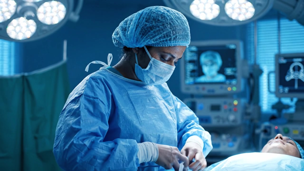 A dedicated healthcare professional in surgical scrubs prepares for a procedure, demonstrating focus and commitment in a high-stakes operating room environment.