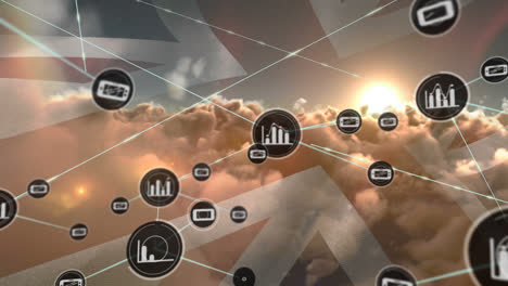 animation of network of connection and icons over uk flag and cloudy sky