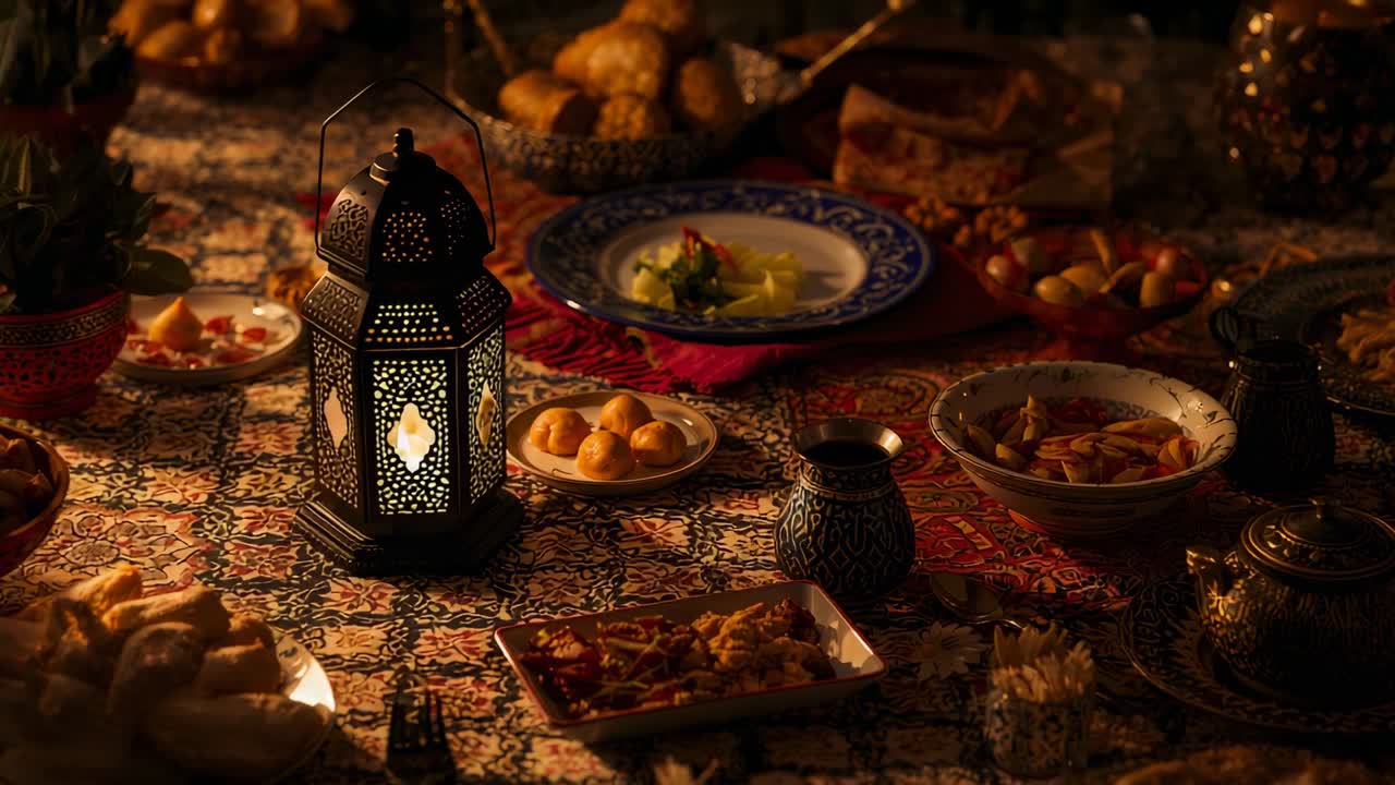 Lanterna tremolante che proietta una luce a motivi su un tavolo da pranzo basso, rivelando pane, insalata e una pentola di ottone.