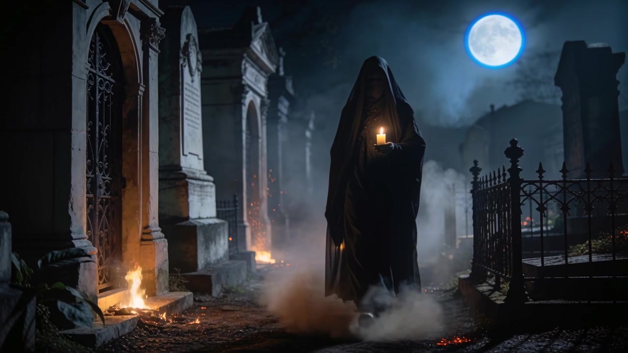 Figura incappucciata che cammina con una candela lungo il sentiero del mausoleo, seguendo l'apparizione della luna per illuminare il cammino