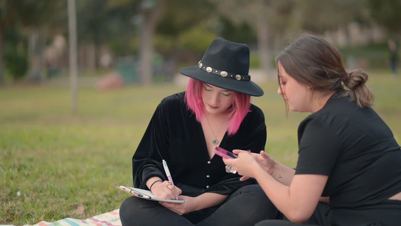Two friends collaborating outdoors
