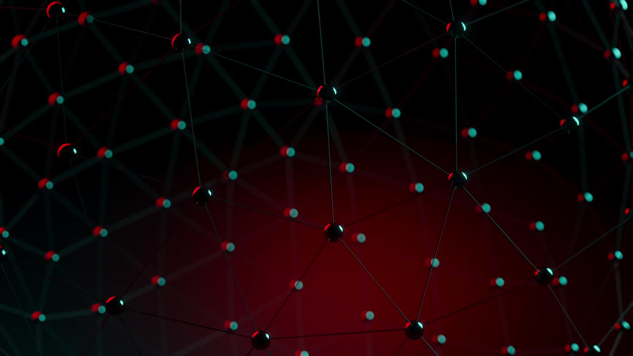 3d render: animación de bucle sin costuras de una red abstracta de nodos que giran en el espacio - se puede usar como metáfora para la red, internet, telecomunicaciones, blockchain, química, biotecnología