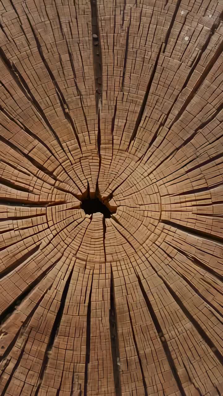 Vertical video: Zooming camera starting on stump in yard, revealing hollow, rings, cracks, plugs