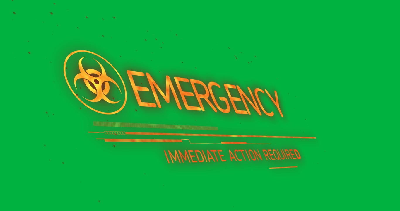 Animazione di testo di emergenza e simbolo di rischio biologico su sfondo trasparente.