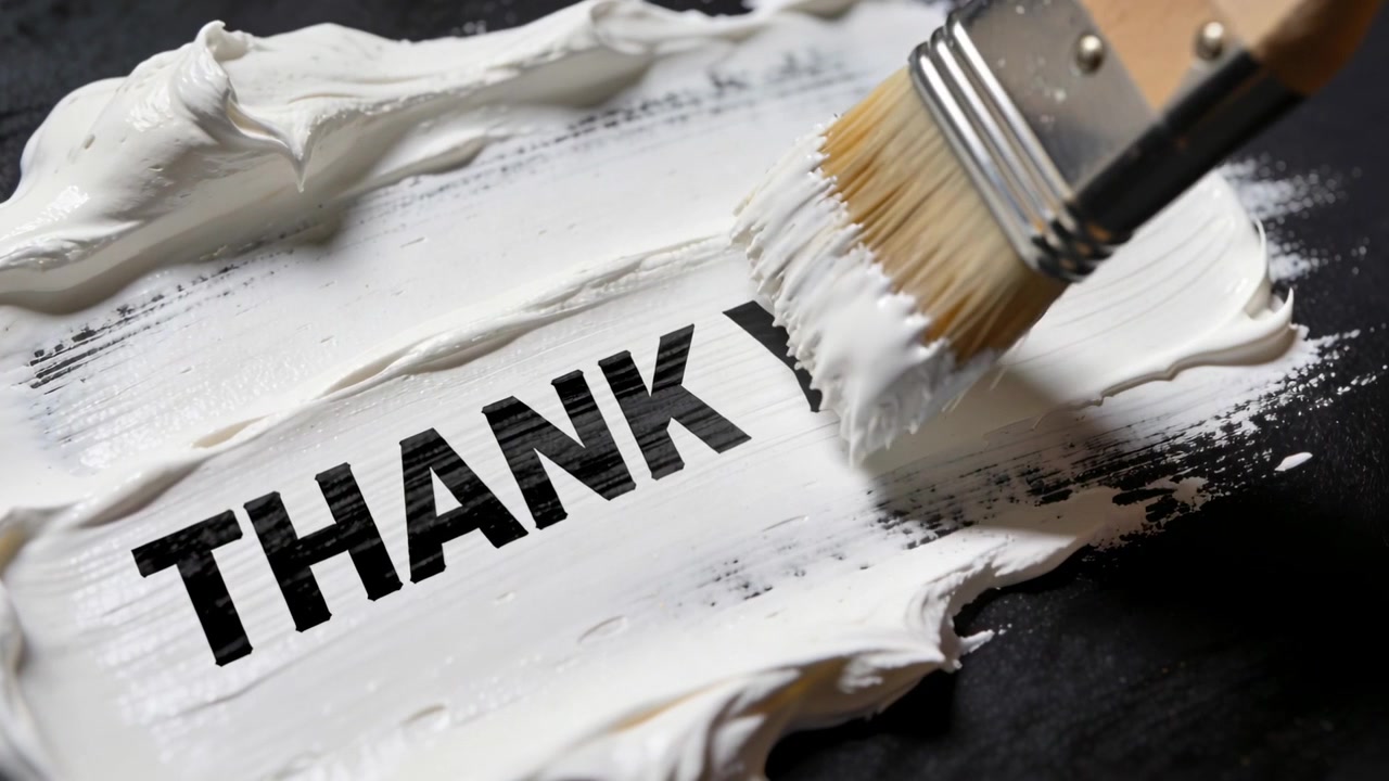 Entrando da destra, un pennello largo stende pittura bianca sulla scritta "THANK YOU" su una superficie di lavoro nera, coprendo la parola "YOU".