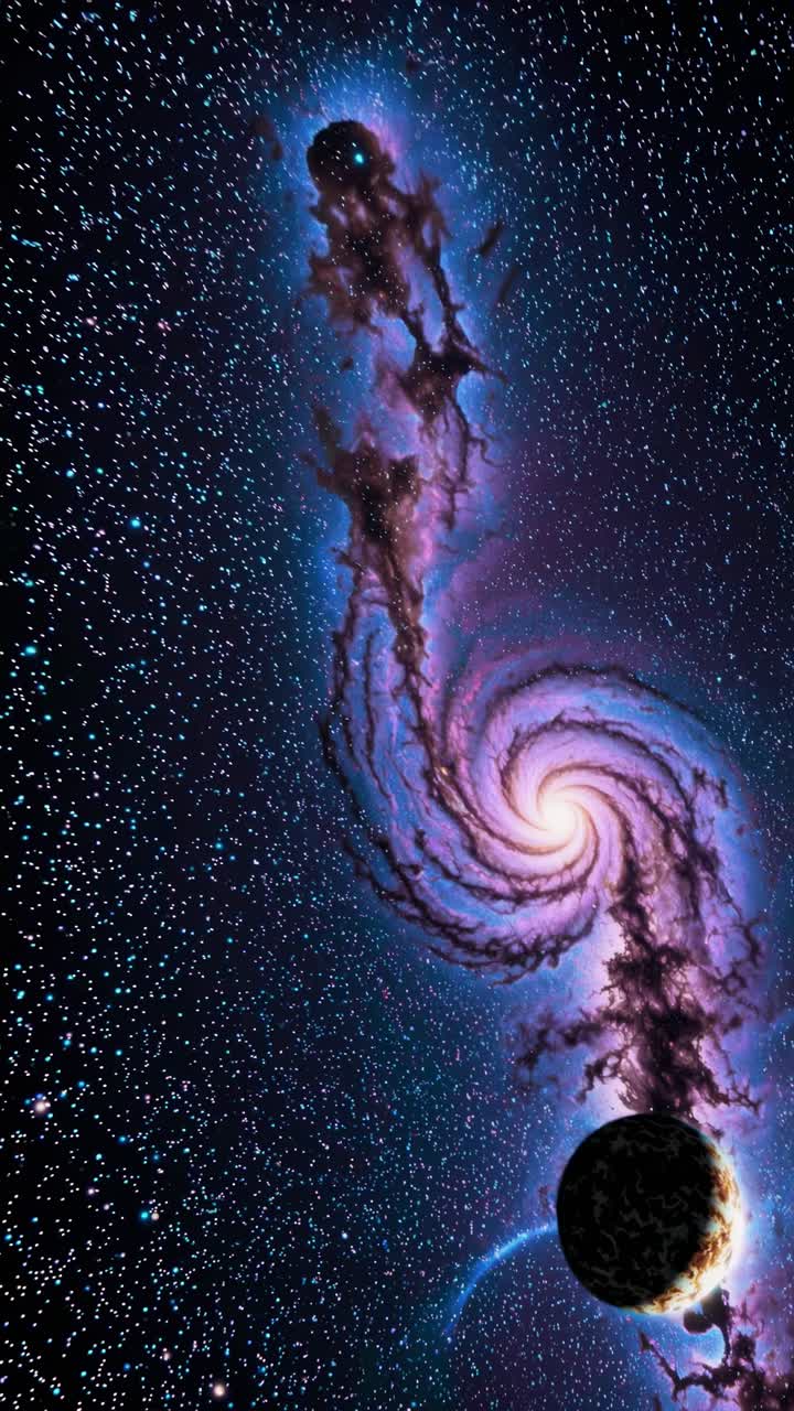 A mesmerizing cosmic video scene with a swirling galaxy and distant planet