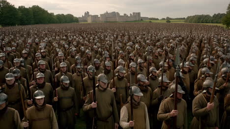 a vast medieval army assembled before a castle