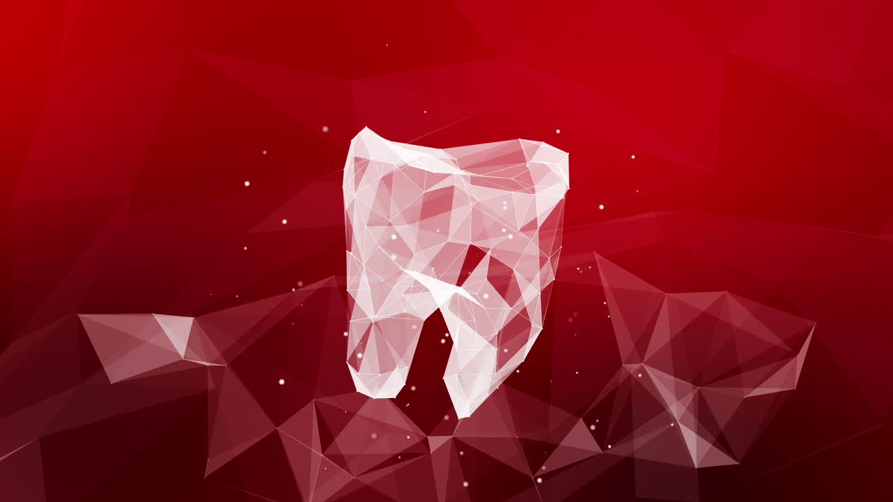 3D tooth icon in low poly style. Polygonal medical red screensaver. Abstract dental animation of lines and triangles. Looped motion graphics.