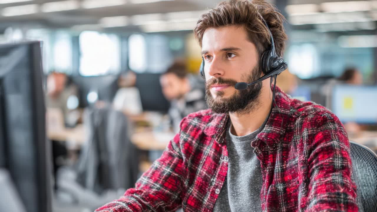 Focused Professional Engaged in Customer Support Communication with Headset in Modern Office Environment, Showcasing Concentration and Dedication to Service