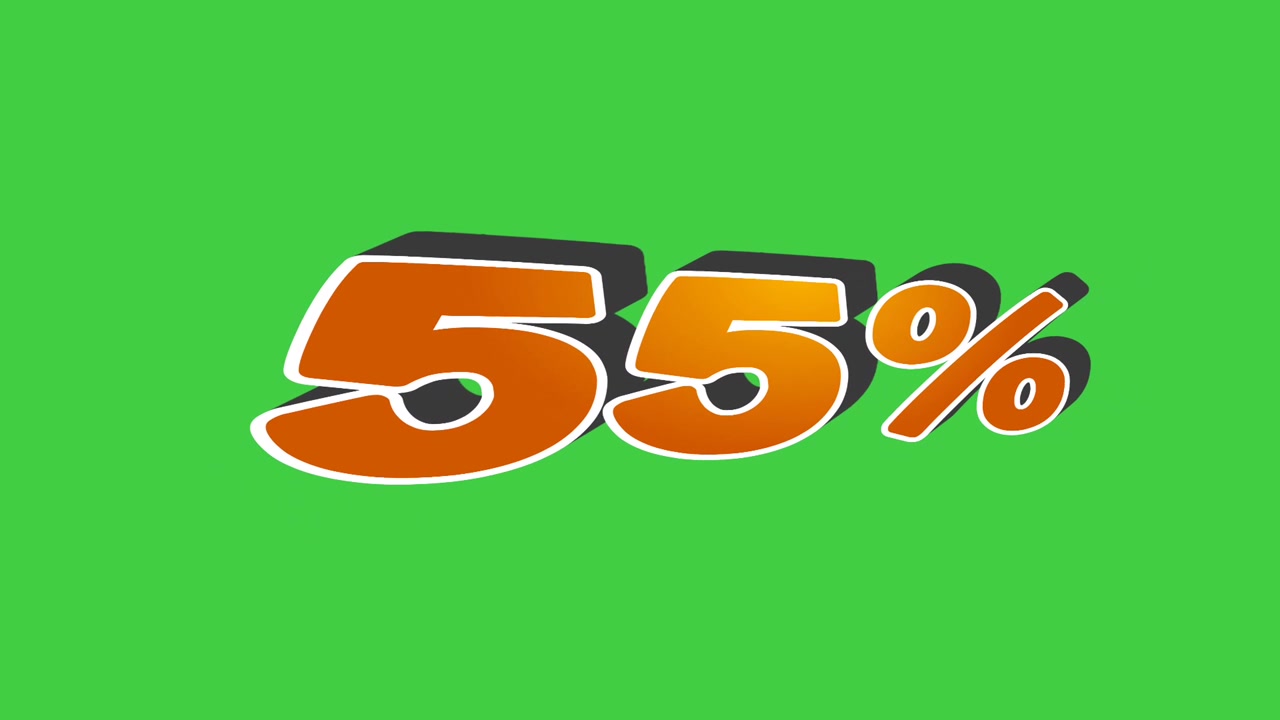 Animazione del simbolo percentuale 65% in stile cartone animato, di colore arancione, su schermo verde. Grafica in movimento percentuale per elemento video sul concetto di sconto aziendale.