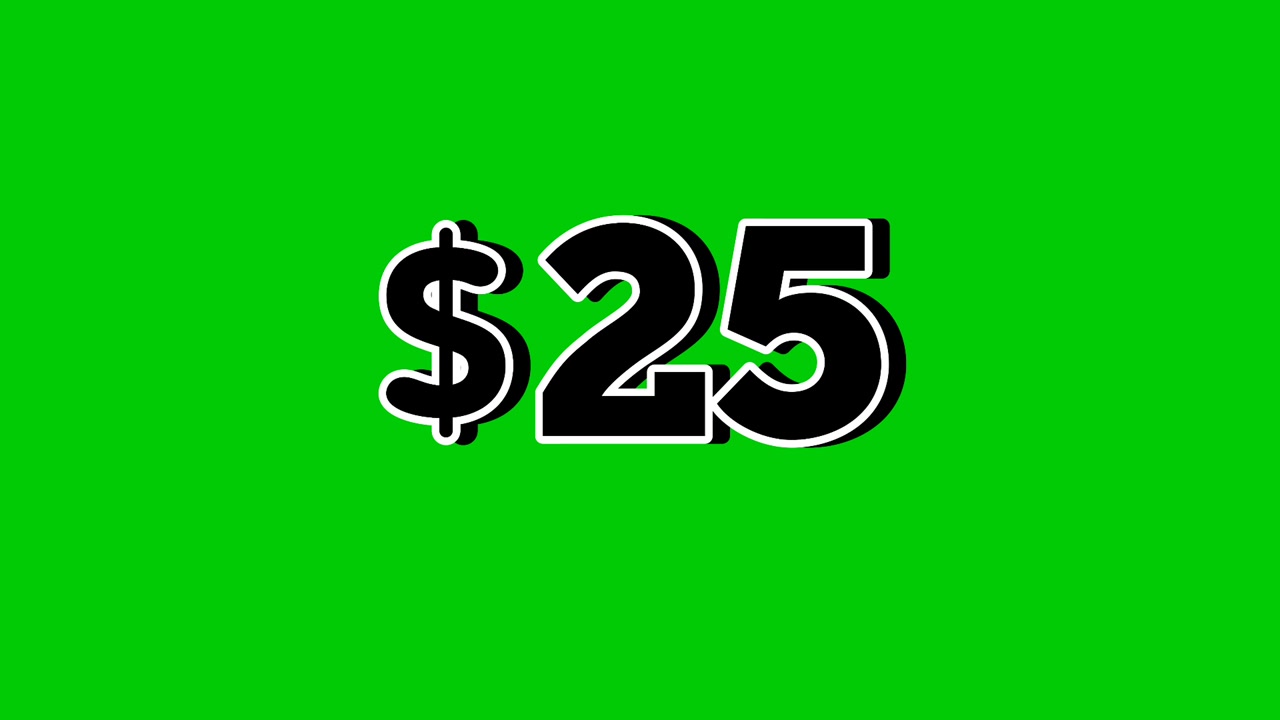 Cartellino animato con prezzo di 25 dollari con grafica in movimento di effetti di fumo su sfondo green screen. Perfetto per pubblicità, e-commerce, vendita al dettaglio, sconti e video elemento di concetto di business promozionale