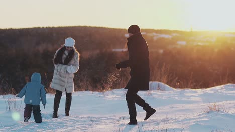 active family members in winter dressing play snowballs