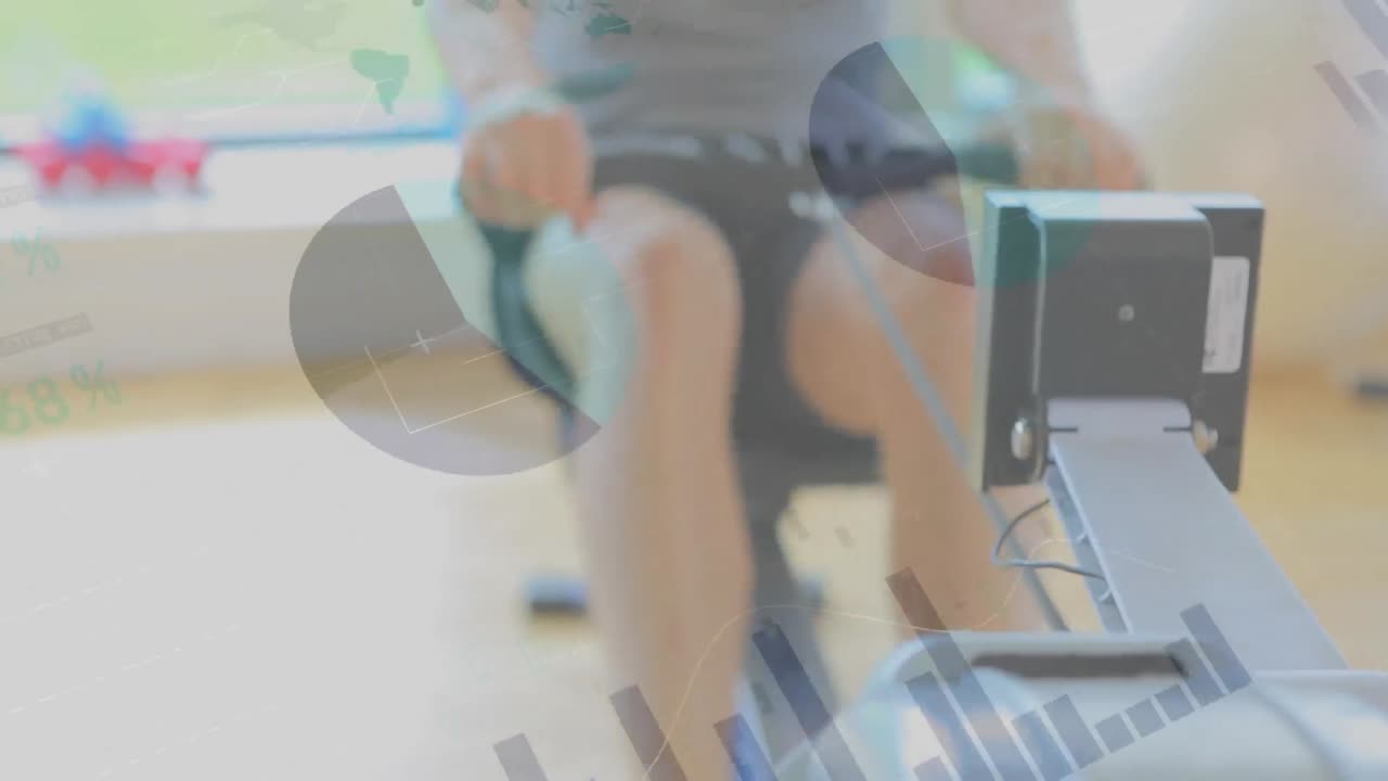 Animation of data processing over man using rowing machine