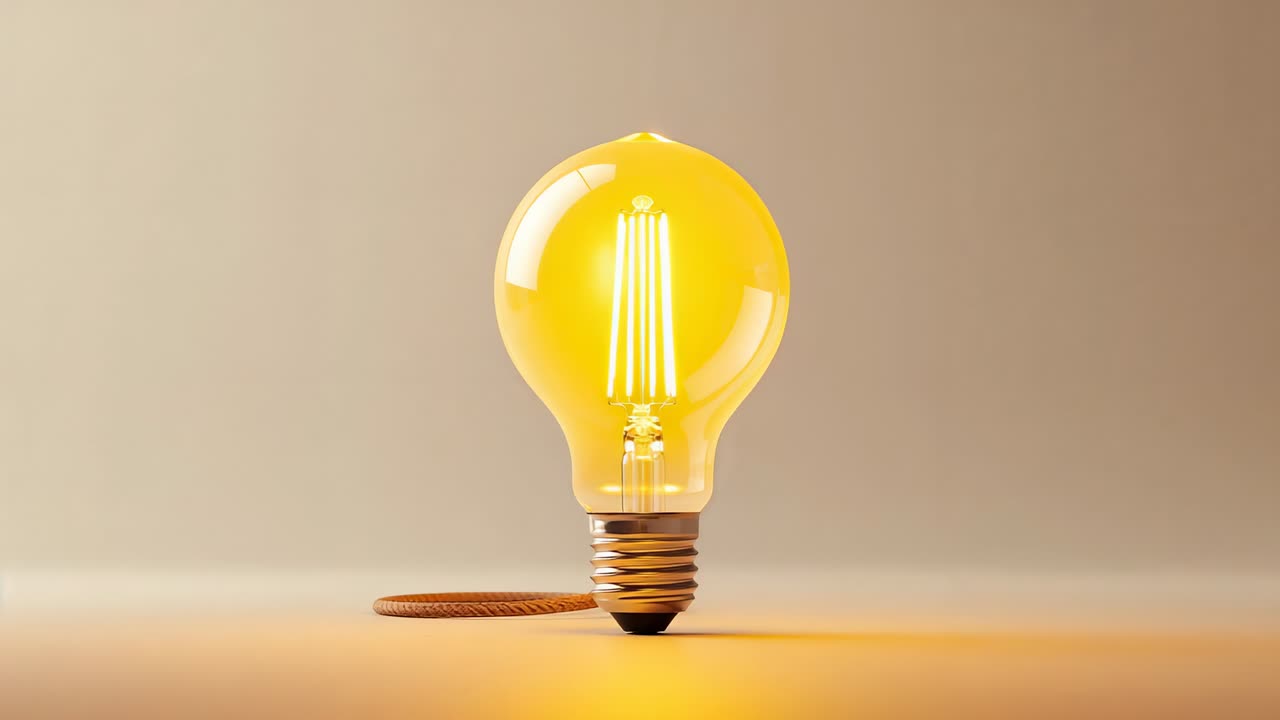 Turning on offscreen power source, LED bulb with braided cord glowing to illuminate tabletop