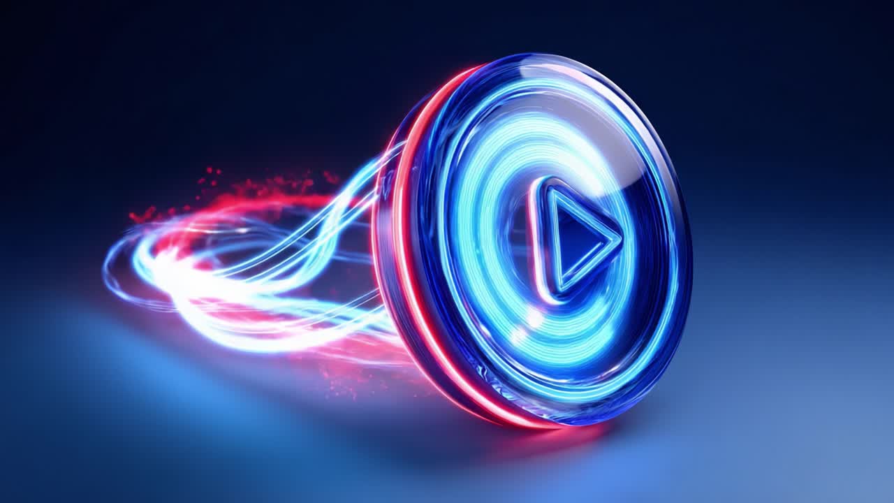 Captivating Animation of a Neon Play Button Surrounded by a Dynamic Light Trail, Symbolizing Motion, Energy, and Engagement in Digital Media and Content Consumption