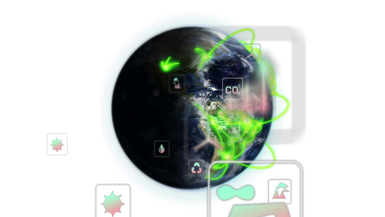 Rendered globe getting green node, nodes pulsing and drawing arcs to south, UI sliding, showing CO2