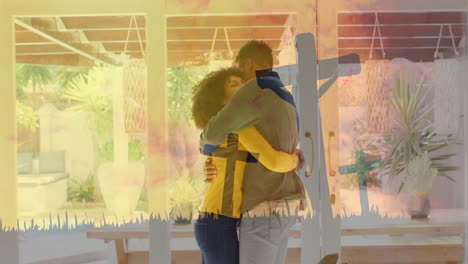 couple hugging in living room over easter cross animation with colorful background