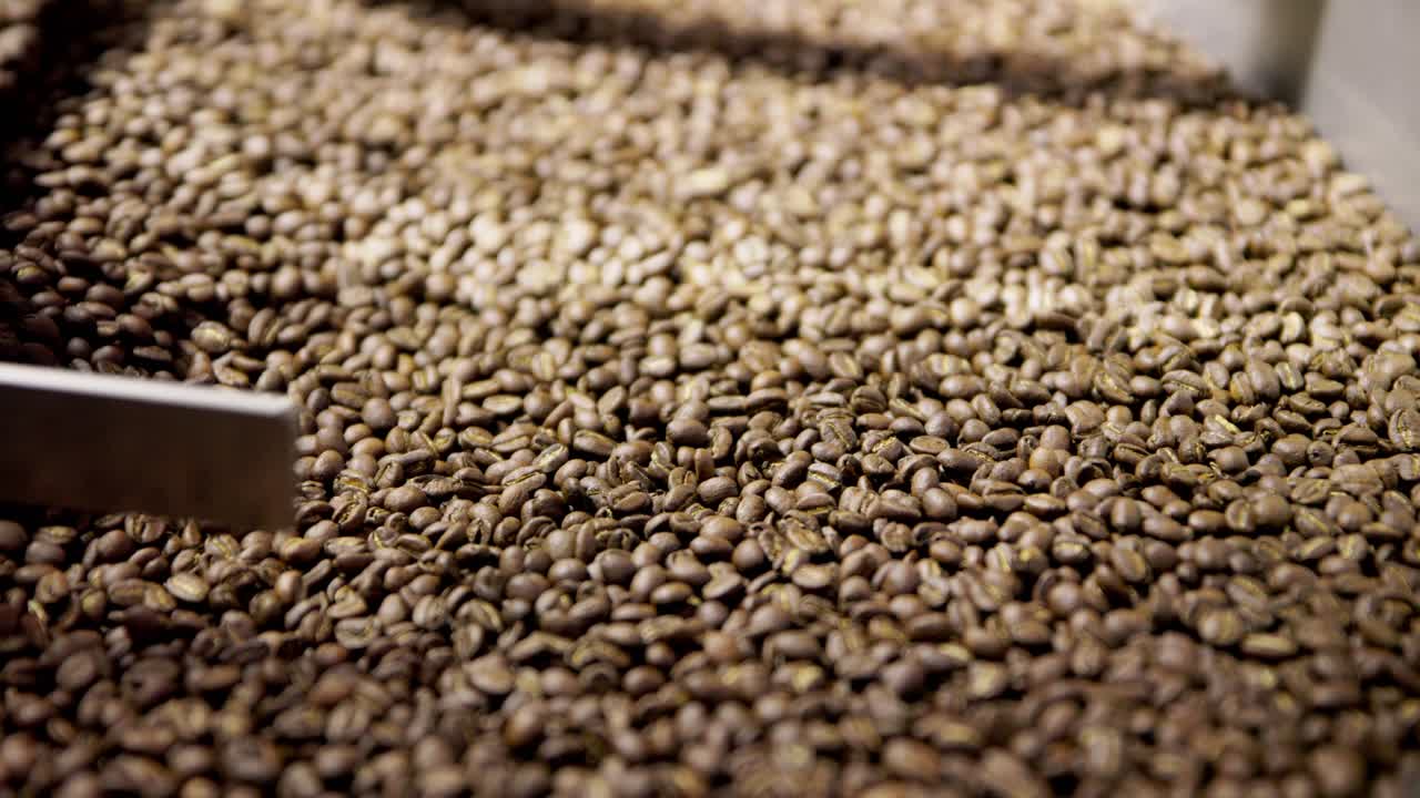 los granos de café en cámara lenta se hilan y tostan en un gran contenedor de metal