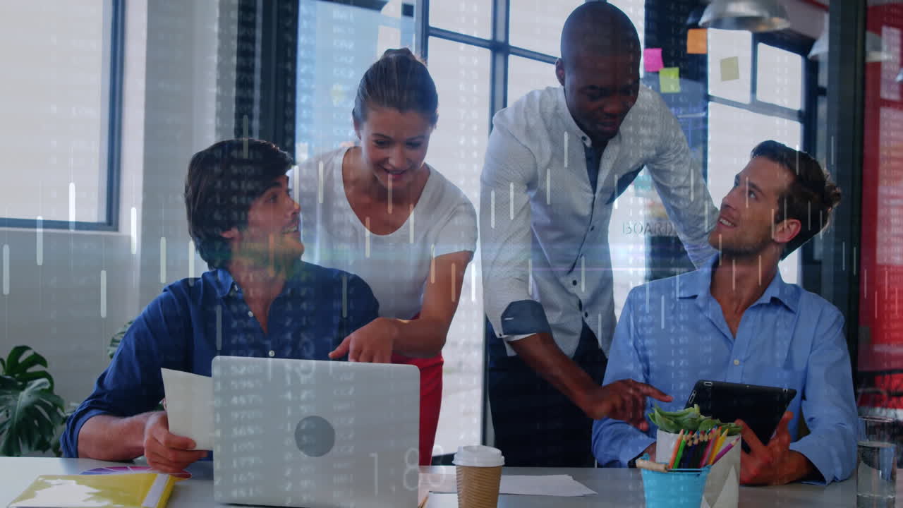 Animation of financial data processing over diverse colleagues discussing work in office