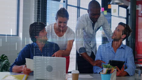 animation of financial data processing over diverse colleagues discussing work in office
