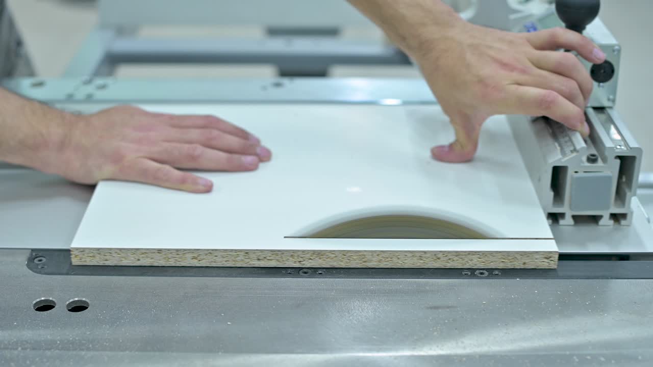 un hombre corta parte de una pieza de madera en una sierra circular, sin observar las precauciones de seguridad