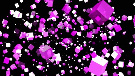 3d floating flying spinning cube shape square animation movement in space on black background visual effect geometric pattern colour pink