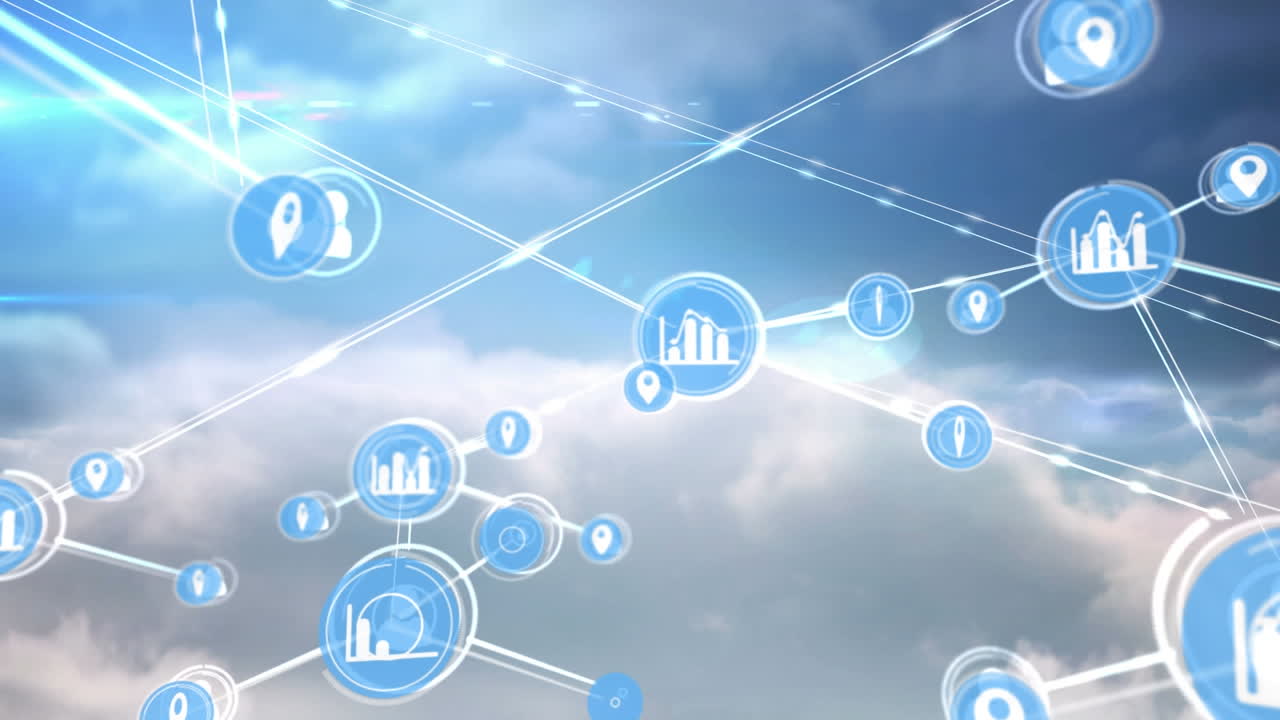 animación de la red de conexiones con iconos sobre nubes