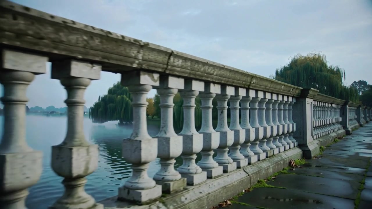 Inizio del tracciamento della telecamera lungo una ringhiera in pietra su un sentiero in riva al lago, mostrando pozzanghere e un salice.