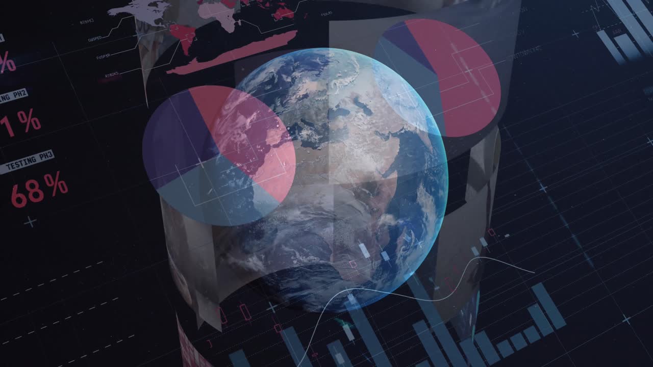 화면에 있는 그래프와 데이터 위에 회전하는 지구의 애니메이션