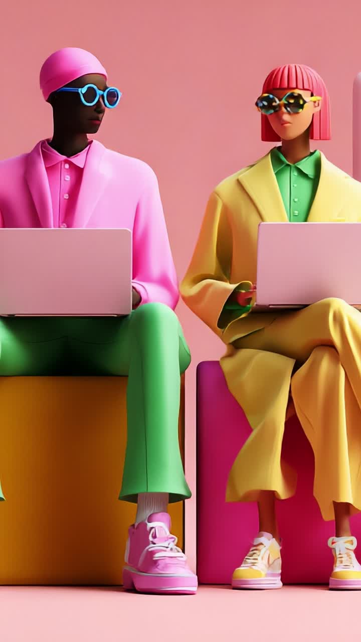 Stylish individuals in vibrant outfits engaging with laptops in a playful and colorful setting, showcasing contemporary fashion intertwined with technology