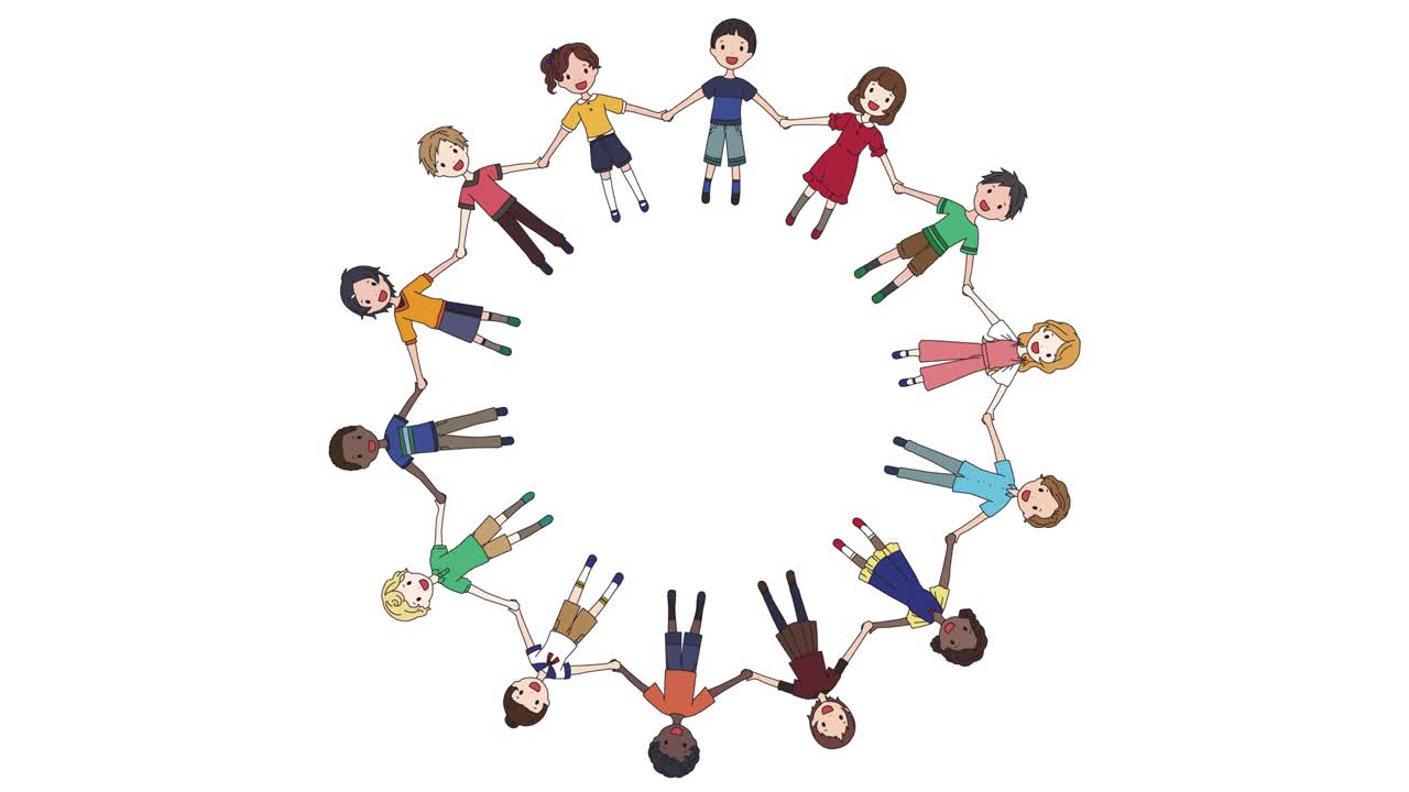 다양한 인종의 아이들이 손을 잡고 반지를 형성하는 루프 애니메이션 자료