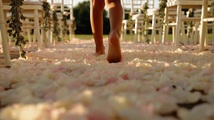 Low angle view of bare feet and lower legs stepping down petal covered aisle between white chairs draped with eucalyptus garlands, soft pink rose petals, warm golden sunlight, romantic outdoor