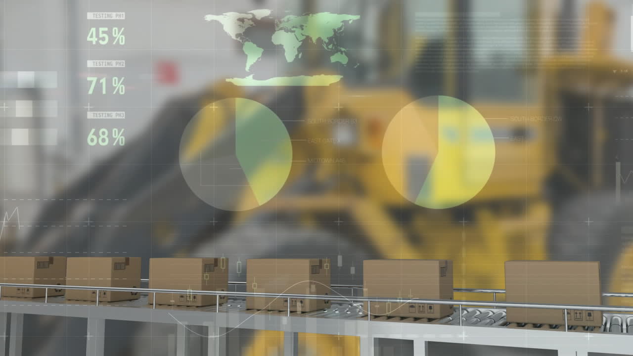 анимация статистической и финансовой обработки данных по коробкам на конвейерной ленте