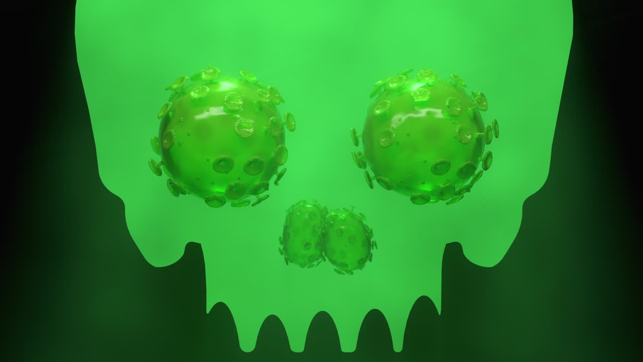 코로나바이러스 코비드-19 애니메이션 배경: 바이러스 세포 눈과 함께 무서운 독성 두개골