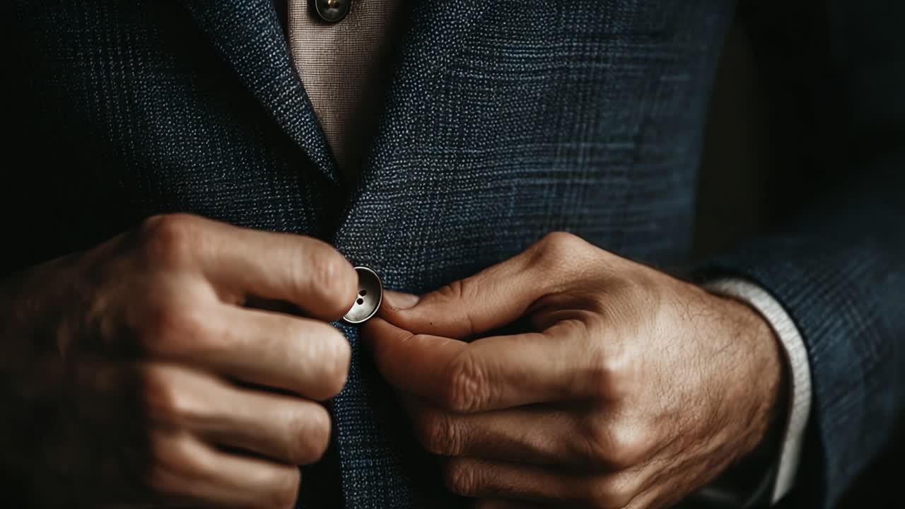 A Polished Look: A Close-Up of a Man's Suit Jacket Detailing with Elegant Button Close-Up for a Sophisticated Style Presentation