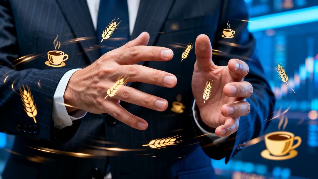 Icone animate, mani di un uomo in giacca che guidano le icone di grano e caffè su uno schermo di trading che mostra le tendenze