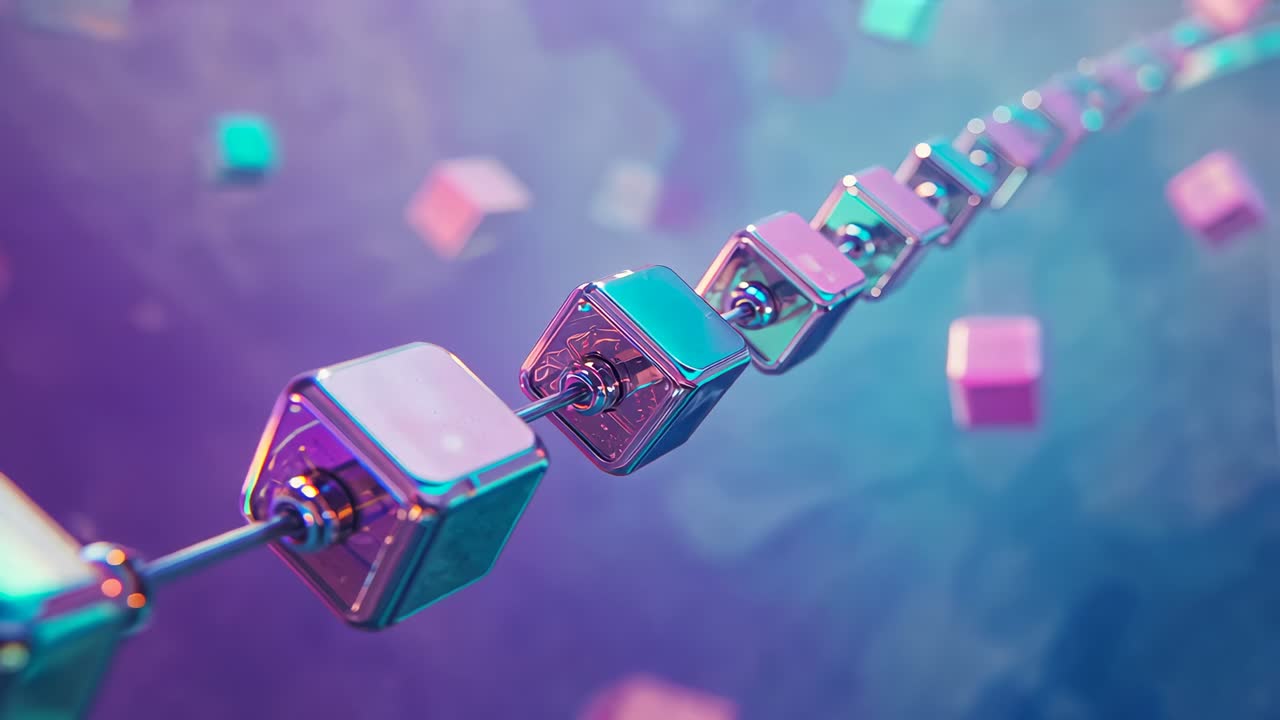 Starting metal cubes moving into focus on rod in purple teal for neon glows, pastels drifting