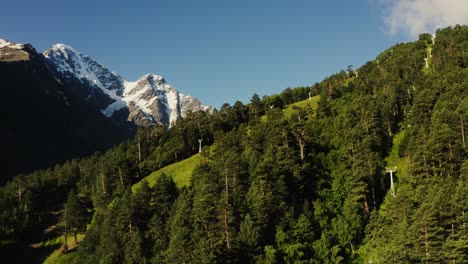 mountain scenery with snow-capped peaks and lush forest