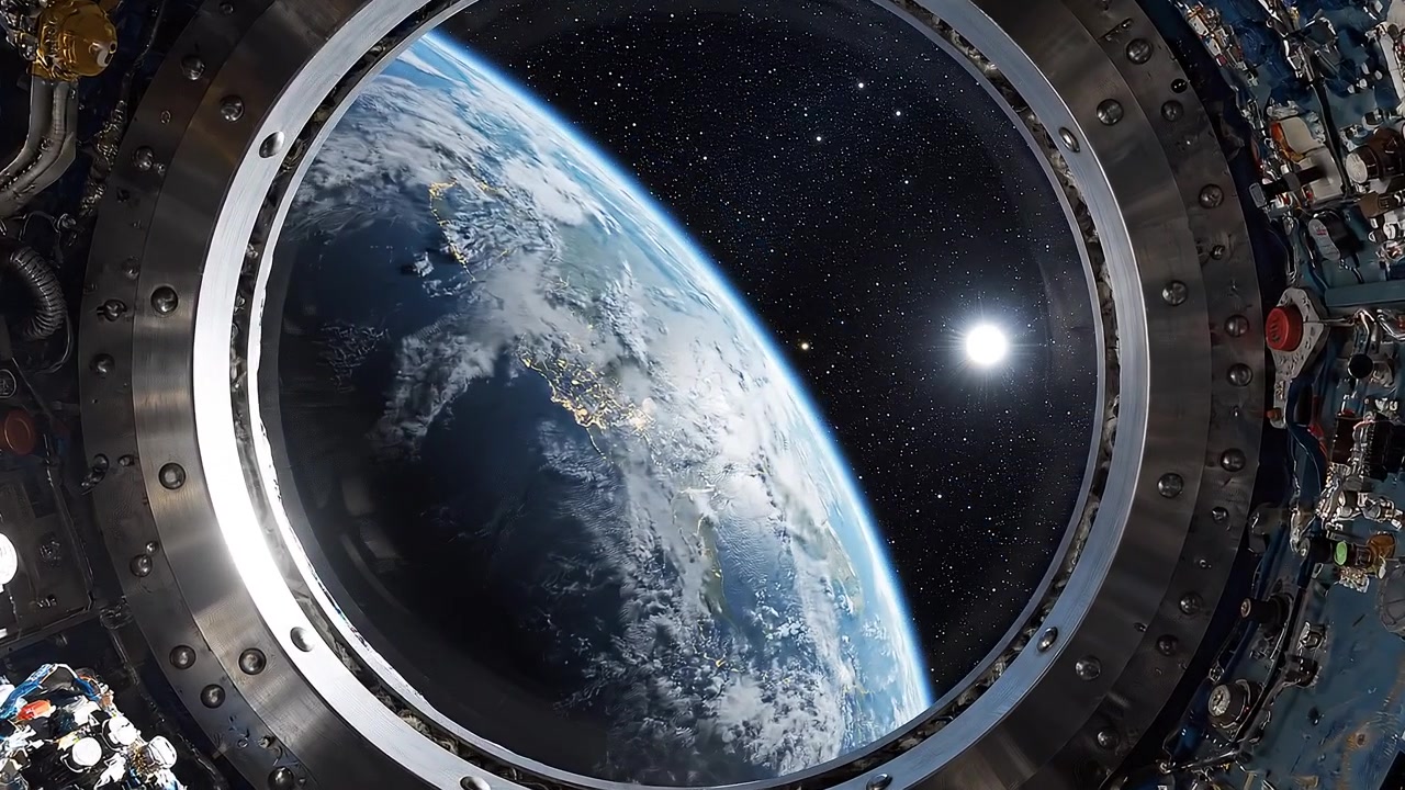 Vista della Terra da un oblò rotondo di un'astronave nello spazio profondo