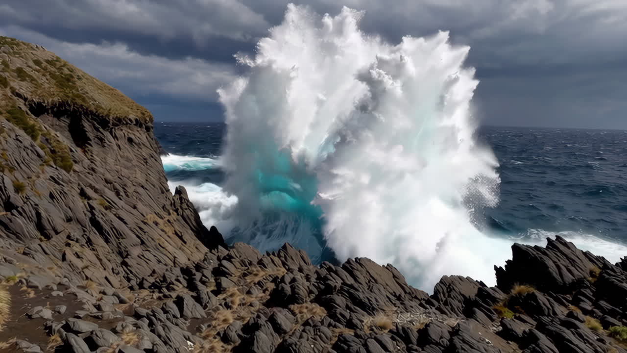 강력한 파도가 바위가 있는 해안선에 부히고
