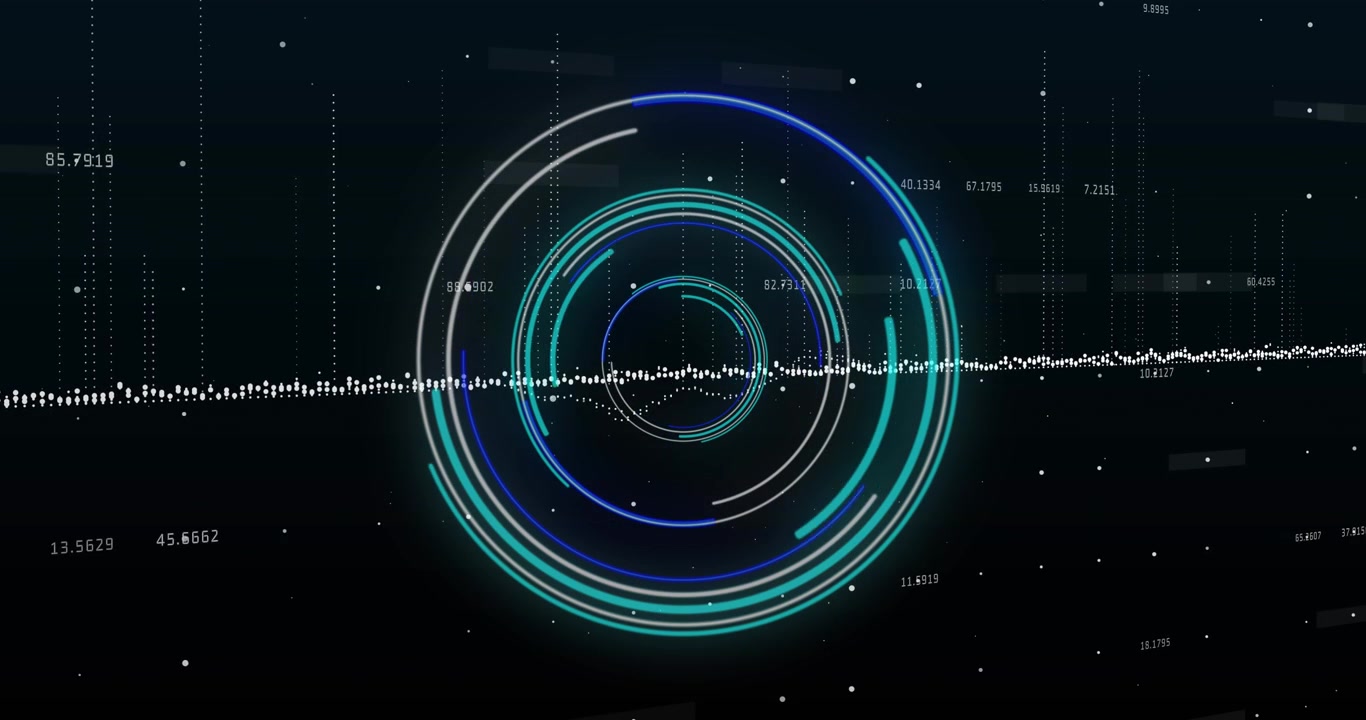 Animation of neon round scanner over data processing against black background