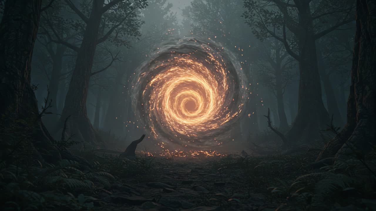Enigmatic Portal in a Mystical Forest: A Mysterious Fiery Swirl Evoking Wonder and Intrigue Amidst Nature's Enchantment
