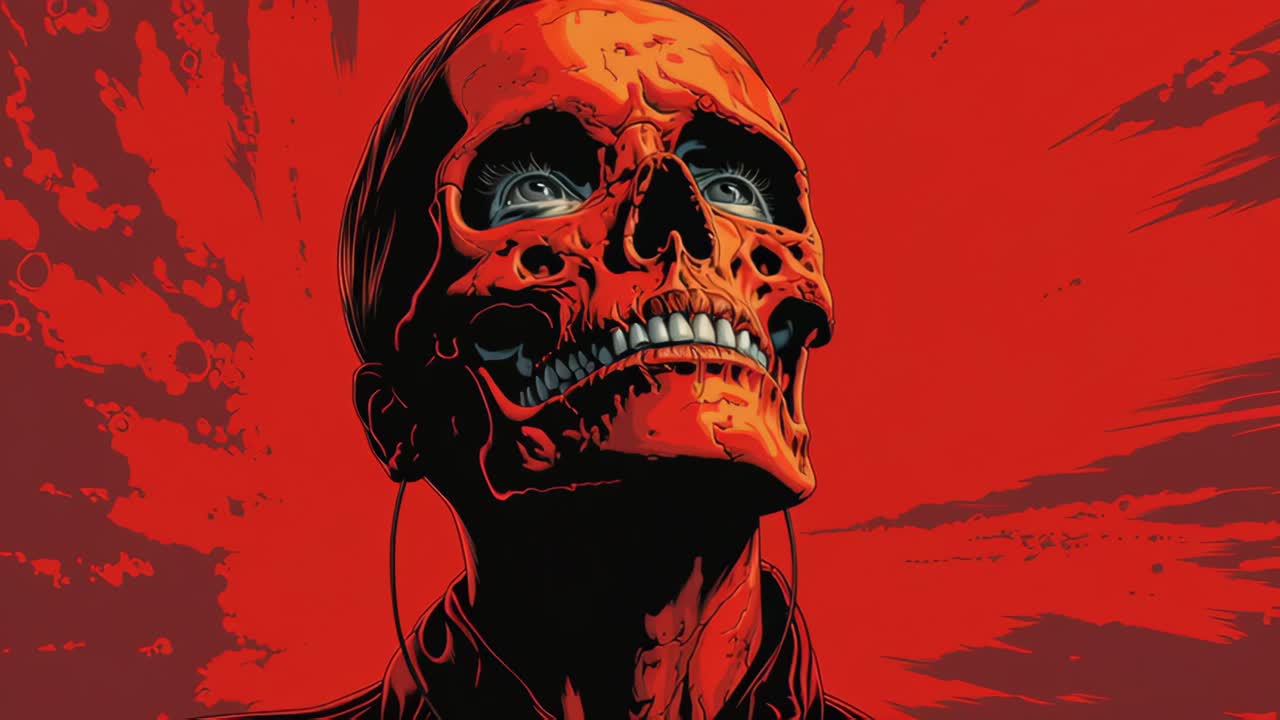 Glowing-eyed skull with headphones under red sky