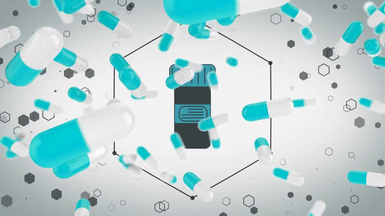 Animation of falling pills and box of pills on white background