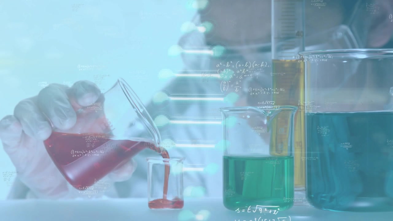 Animation of mathematical equations over caucasian male scientist with beaker